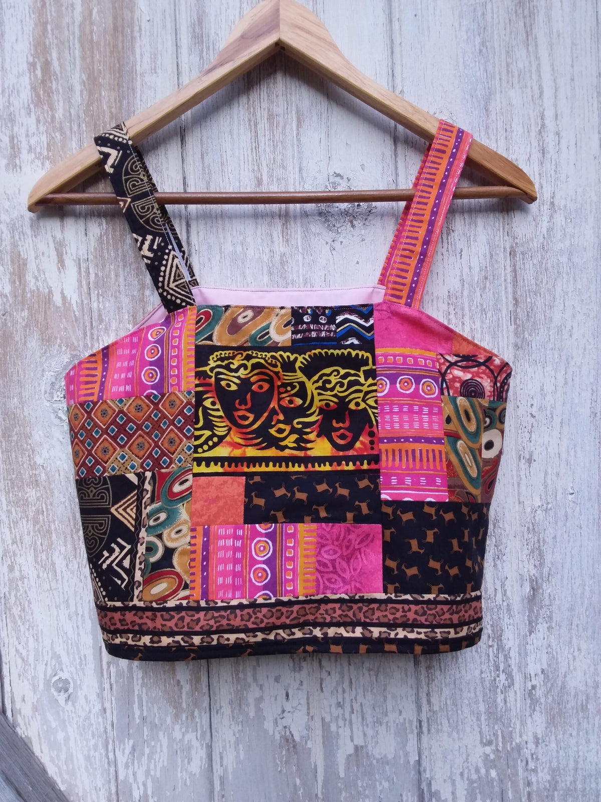 Unique upcycled patchwork crop top in bold bright colors