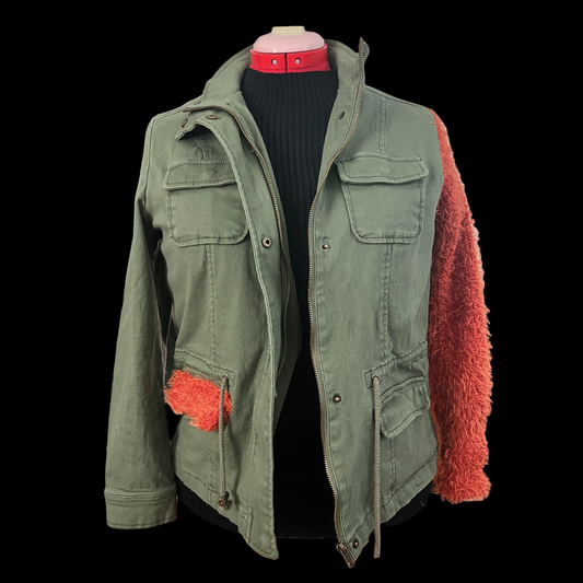 A green jacket with red sleeves.