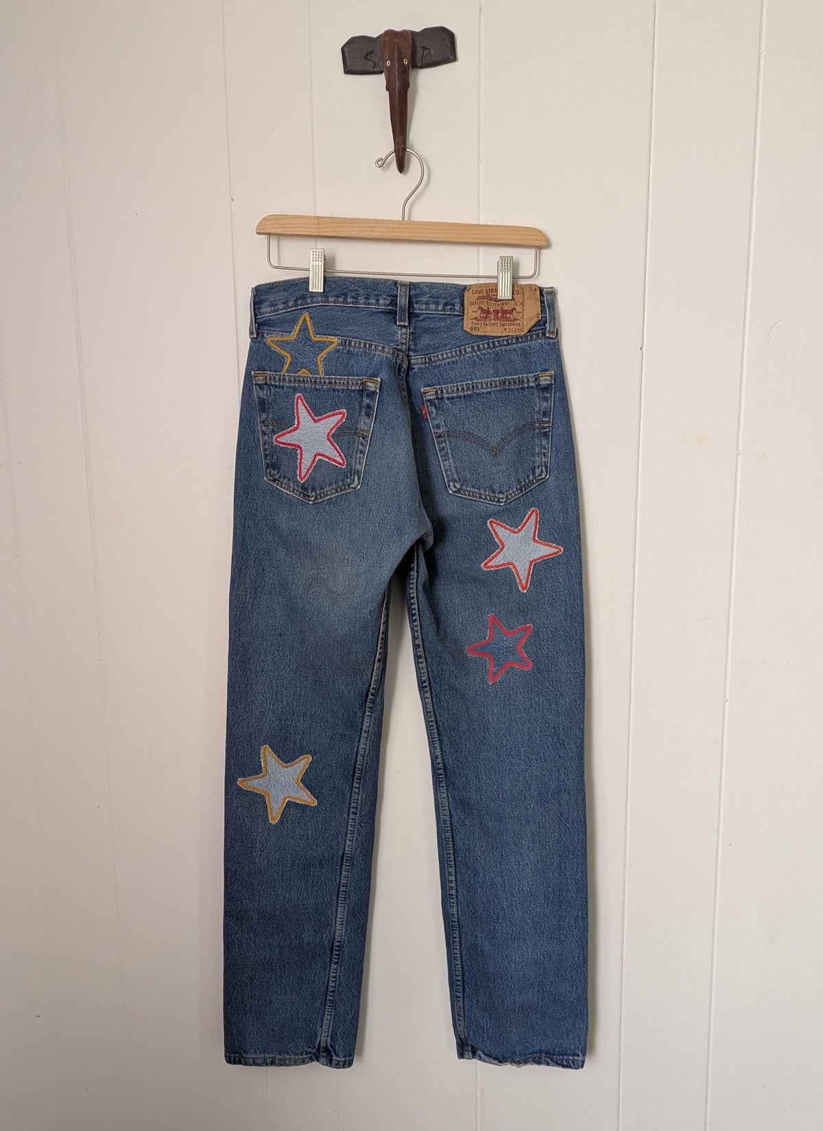 Patchwork Star Jeans- Medium Wash Levi's with Handmade Star Patches