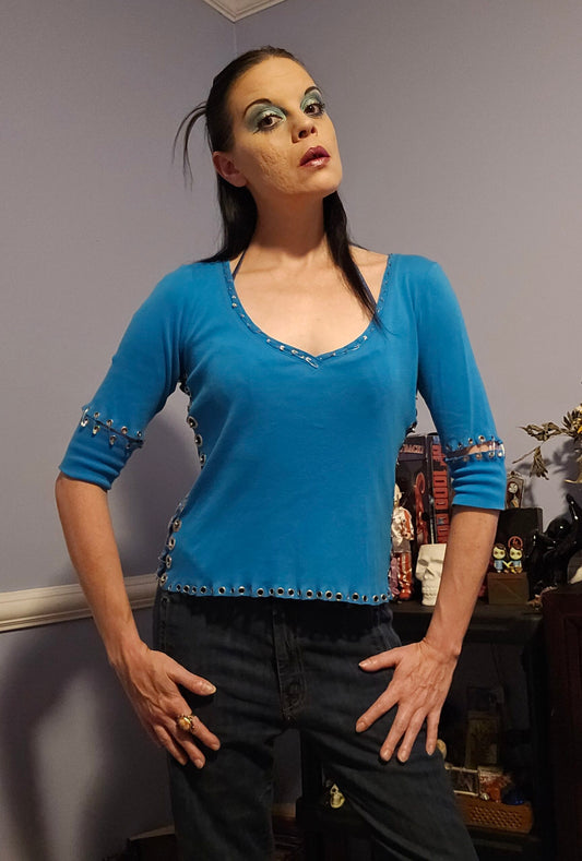 Upcycled Blue Safety Pin Embellished Shirt - M