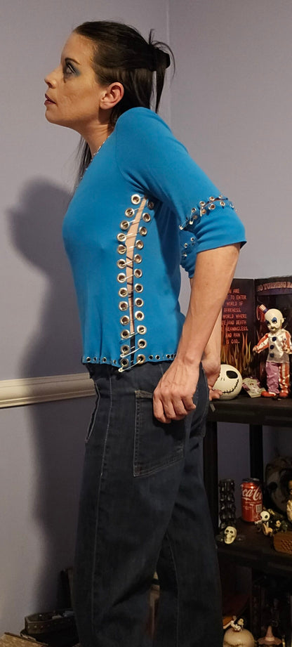 Upcycled Blue Safety Pin Embellished Shirt - M