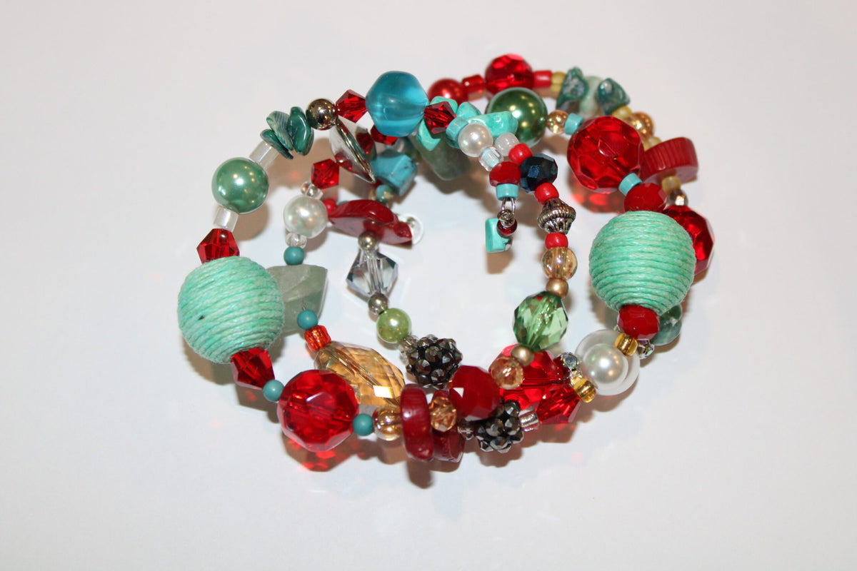 Beaded wrap around bracelet with turquoise and red