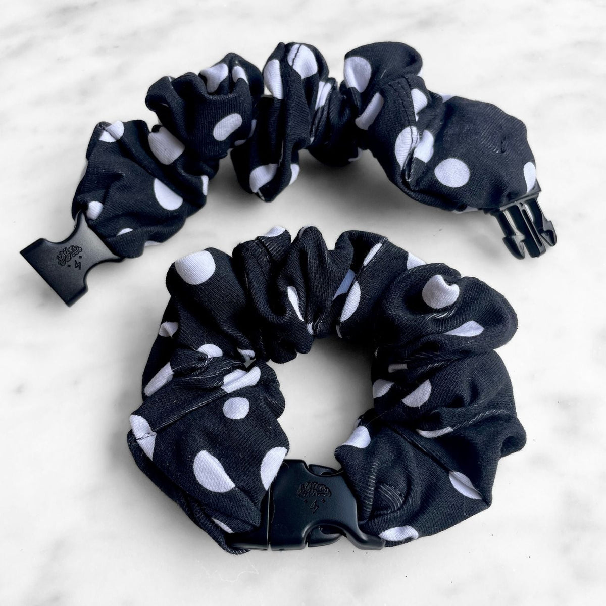 Polka Dot Black Buckle Scrunchie - No Snagging, No Tangles