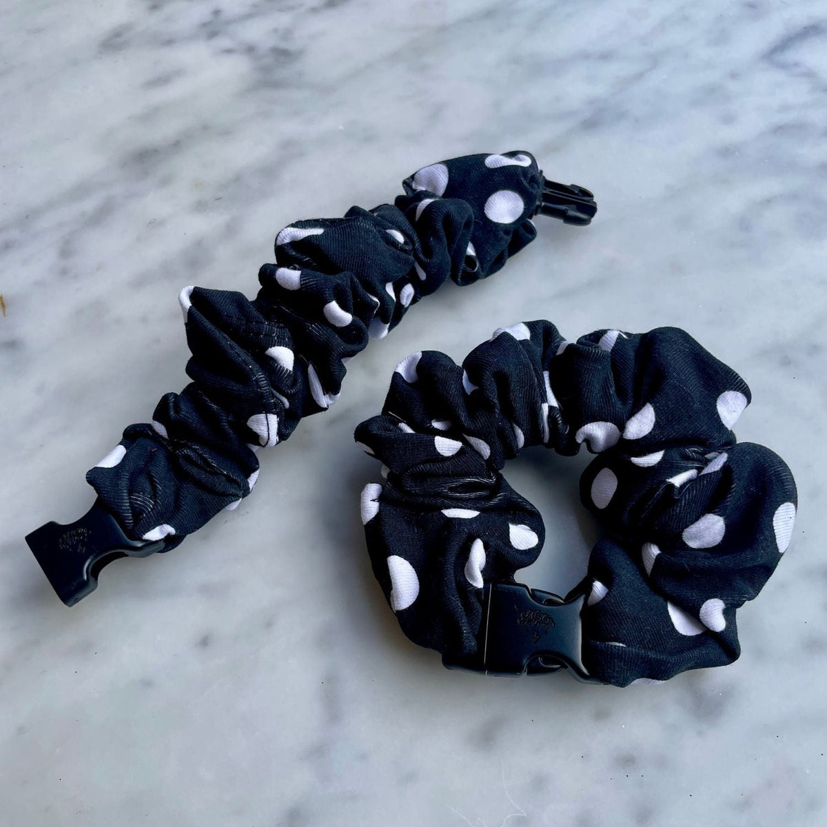 Polka Dot Black Buckle Scrunchie - No Snagging, No Tangles