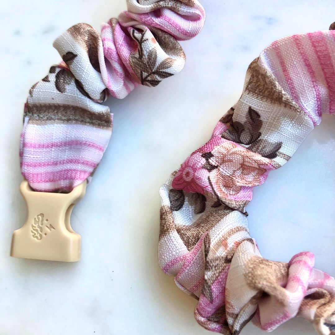 Pink Rose Stripes Buckle Scrunchie - No Snagging, No Tangles