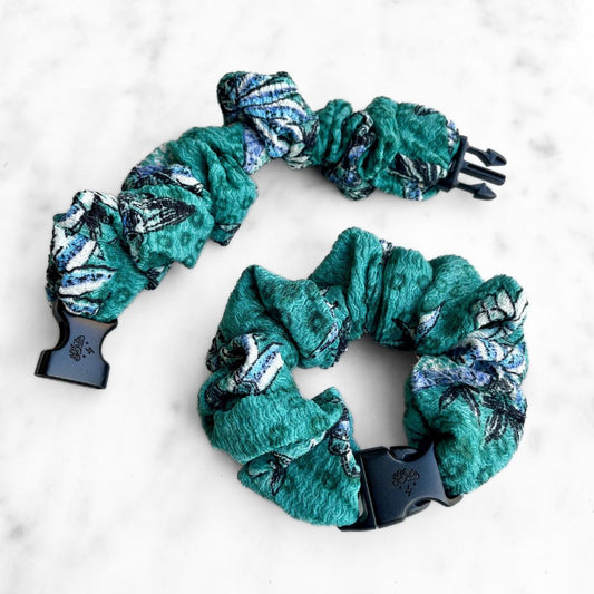 Tropic Teal Floral Buckle Scrunchie - No Snagging, No Tangles