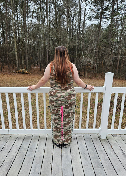 Upcycled Camo Lace Up Dress - L