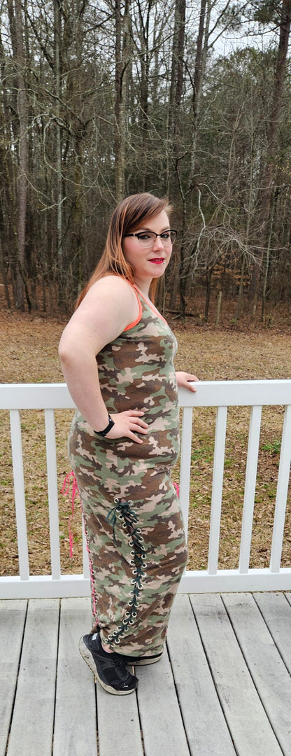 Upcycled Camo Lace Up Dress - L