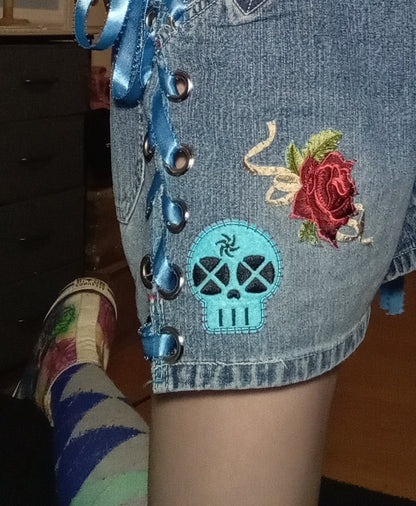 Upcycled Skull and Rose Lace Up Pants - 9/10