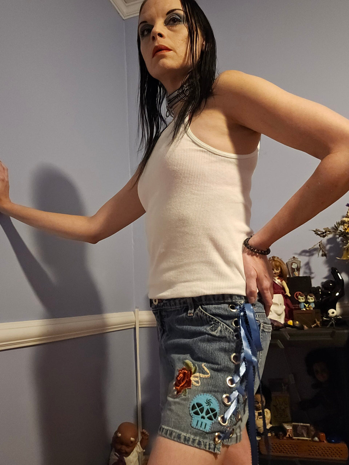 Upcycled Skull and Rose Lace Up Pants - 9/10