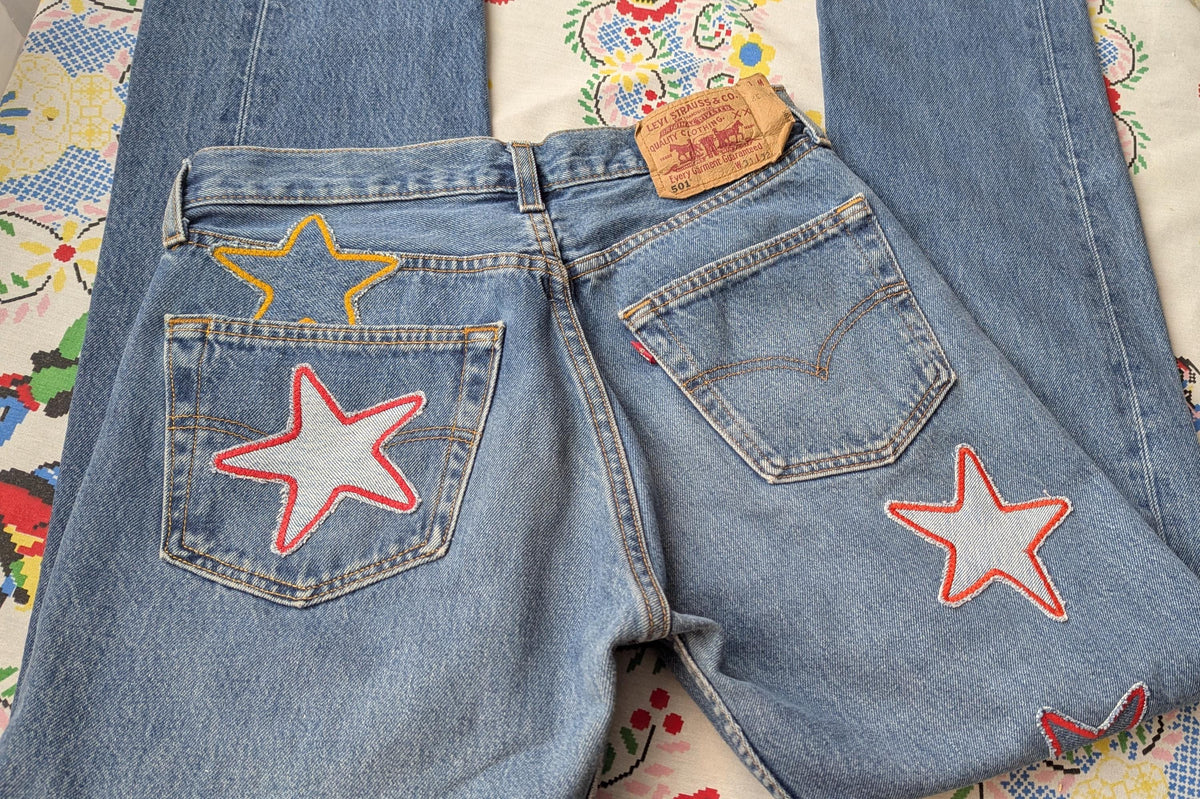 Patchwork Star Jeans- Medium Wash Levi's with Handmade Star Patches