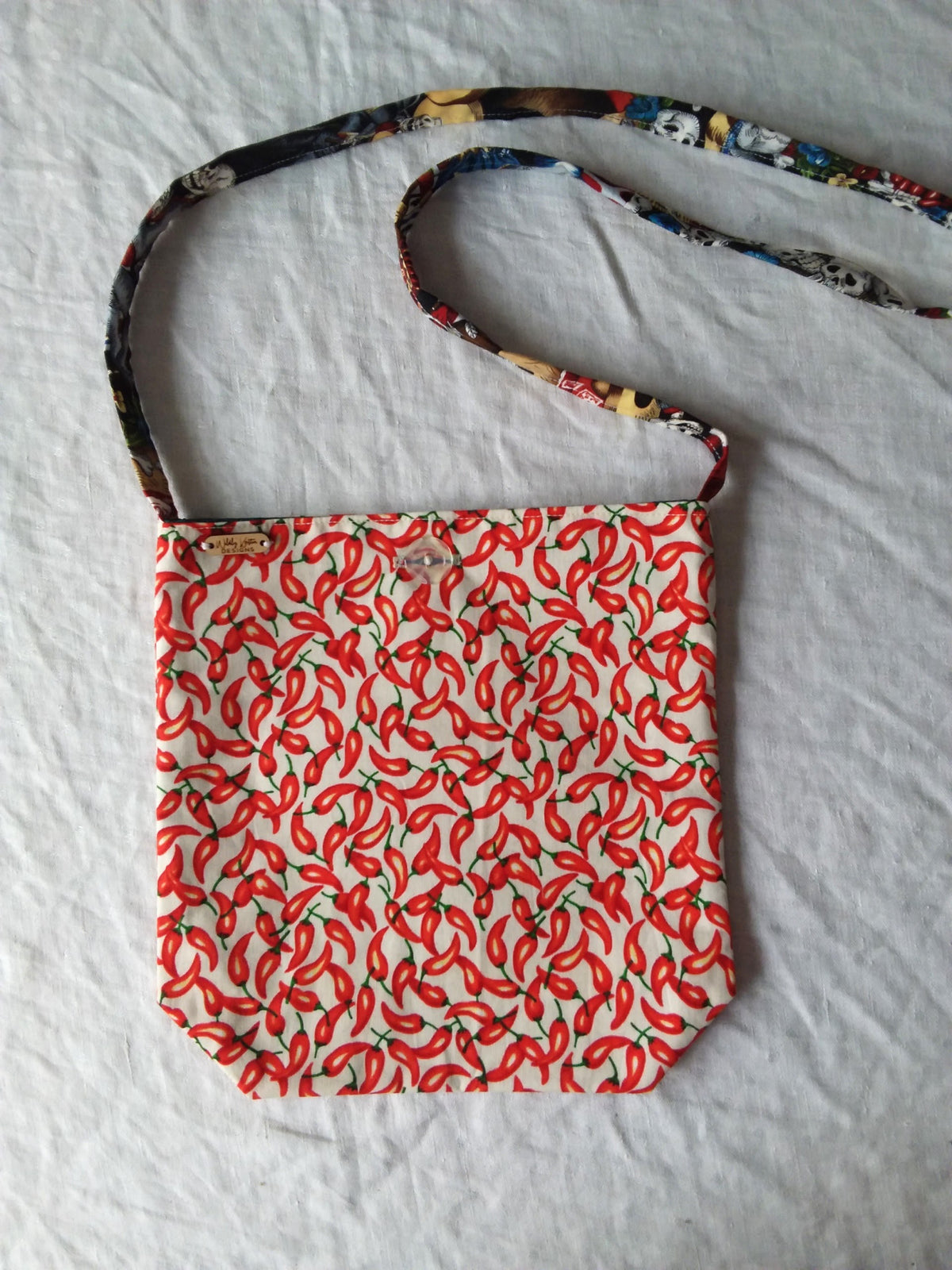 Red hot chili pepper fabric hand bag with a long strap