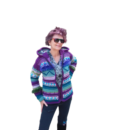 A purple, blue and green crochet cardigan sweater with hood