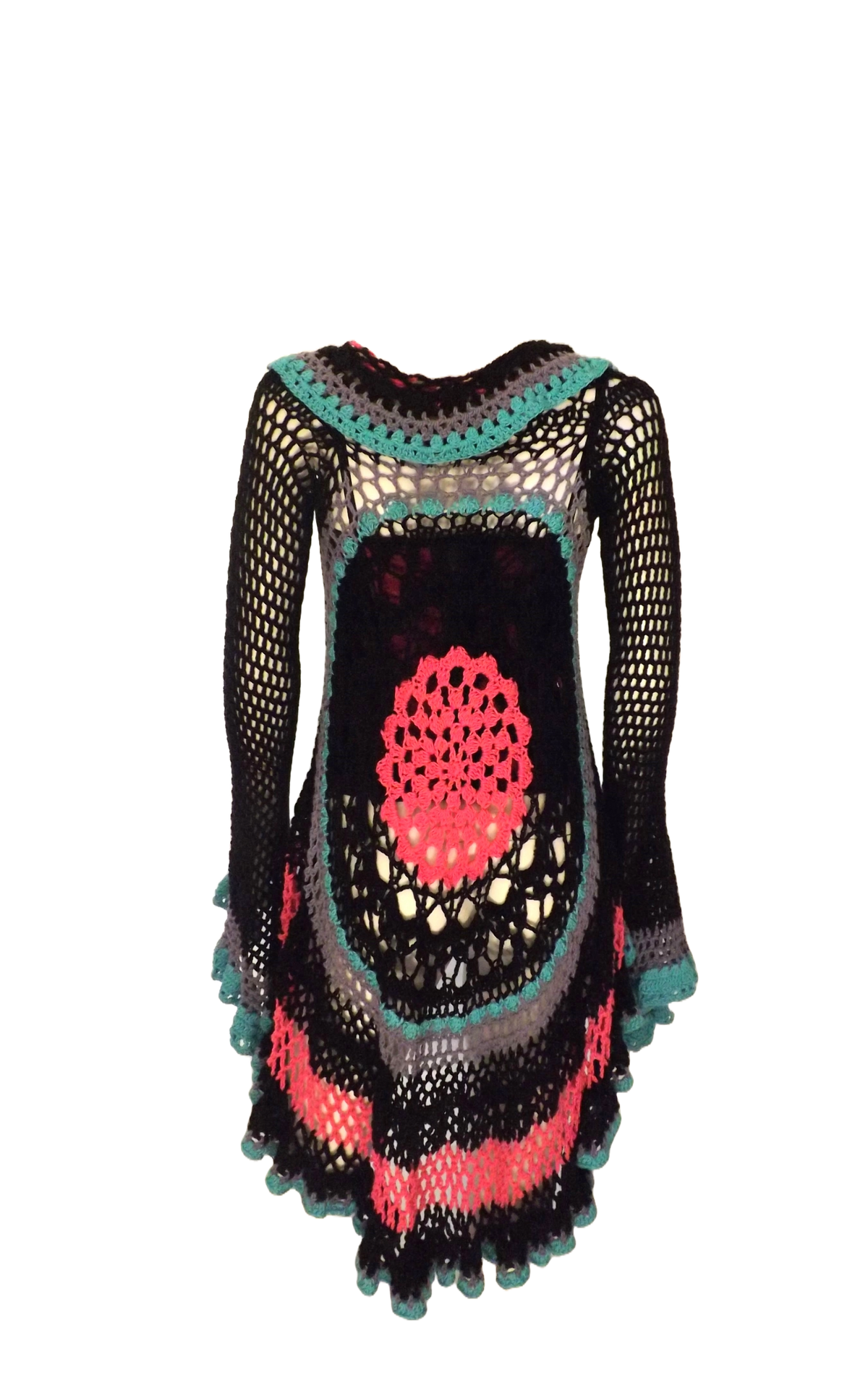 A black and pink crocheted duster coat on a mannequin.