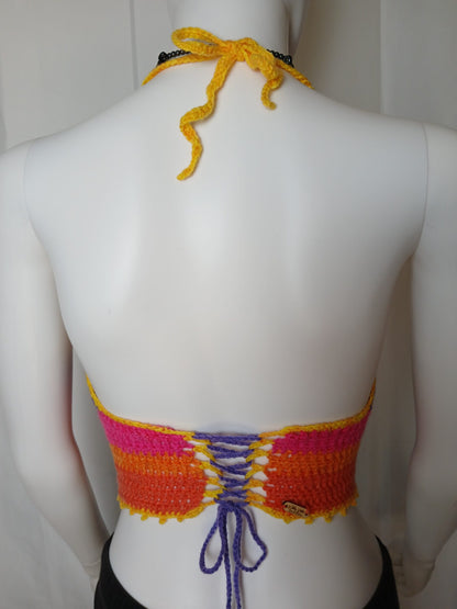 Corset style crochet top in rainbow colors