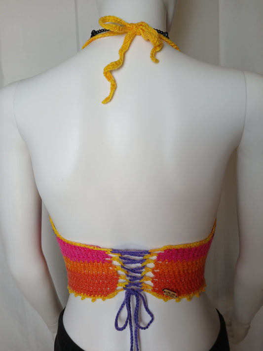 Corset style crochet top in rainbow colors