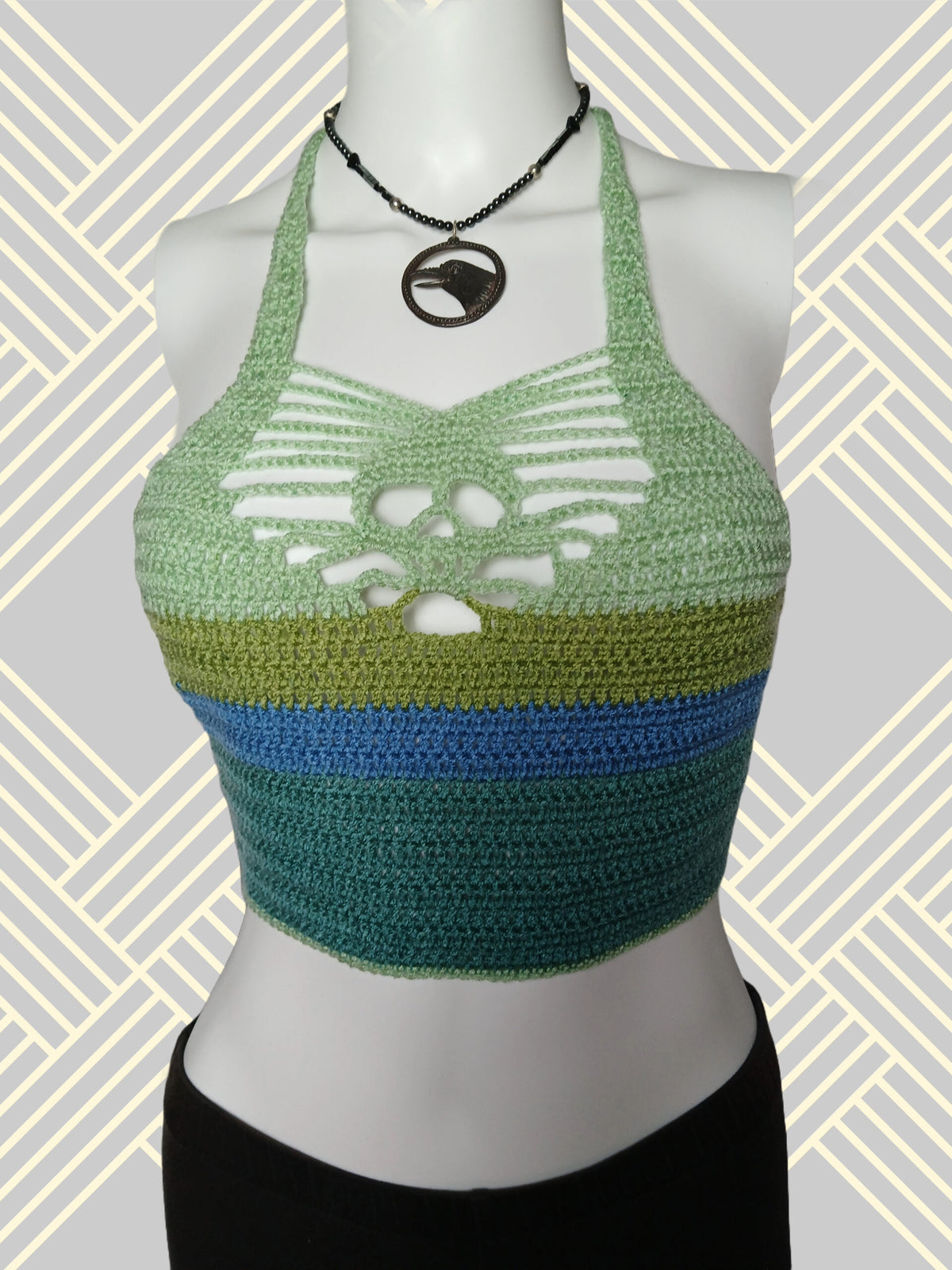 Crochet skull rave top in green and blue