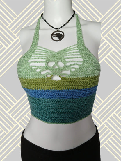 Crochet skull rave top in green and blue