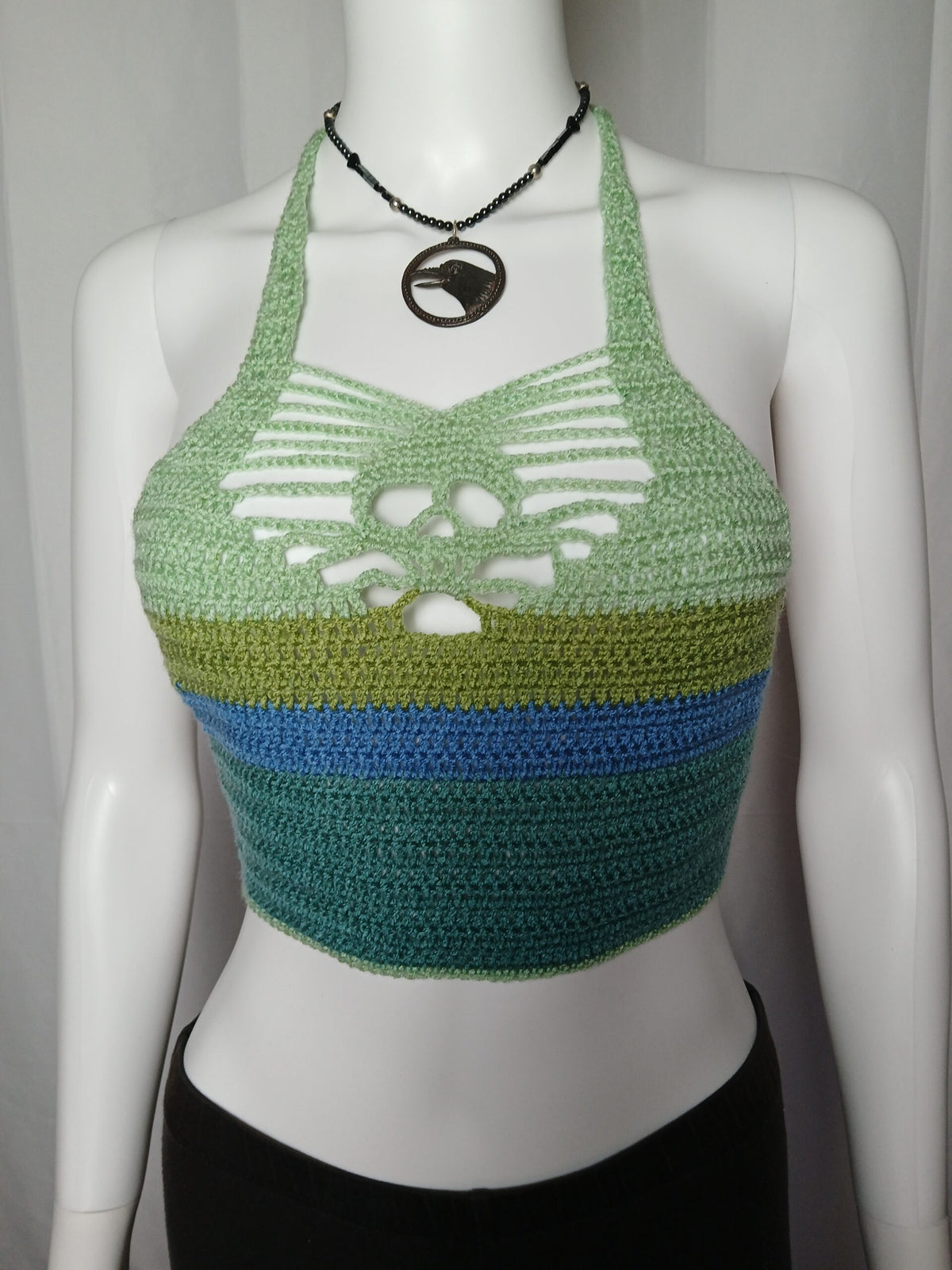 Groovy Green Skull crochet halter top.