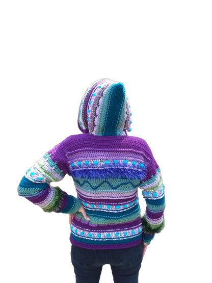 Crochet hooded coat in bright colors and textures