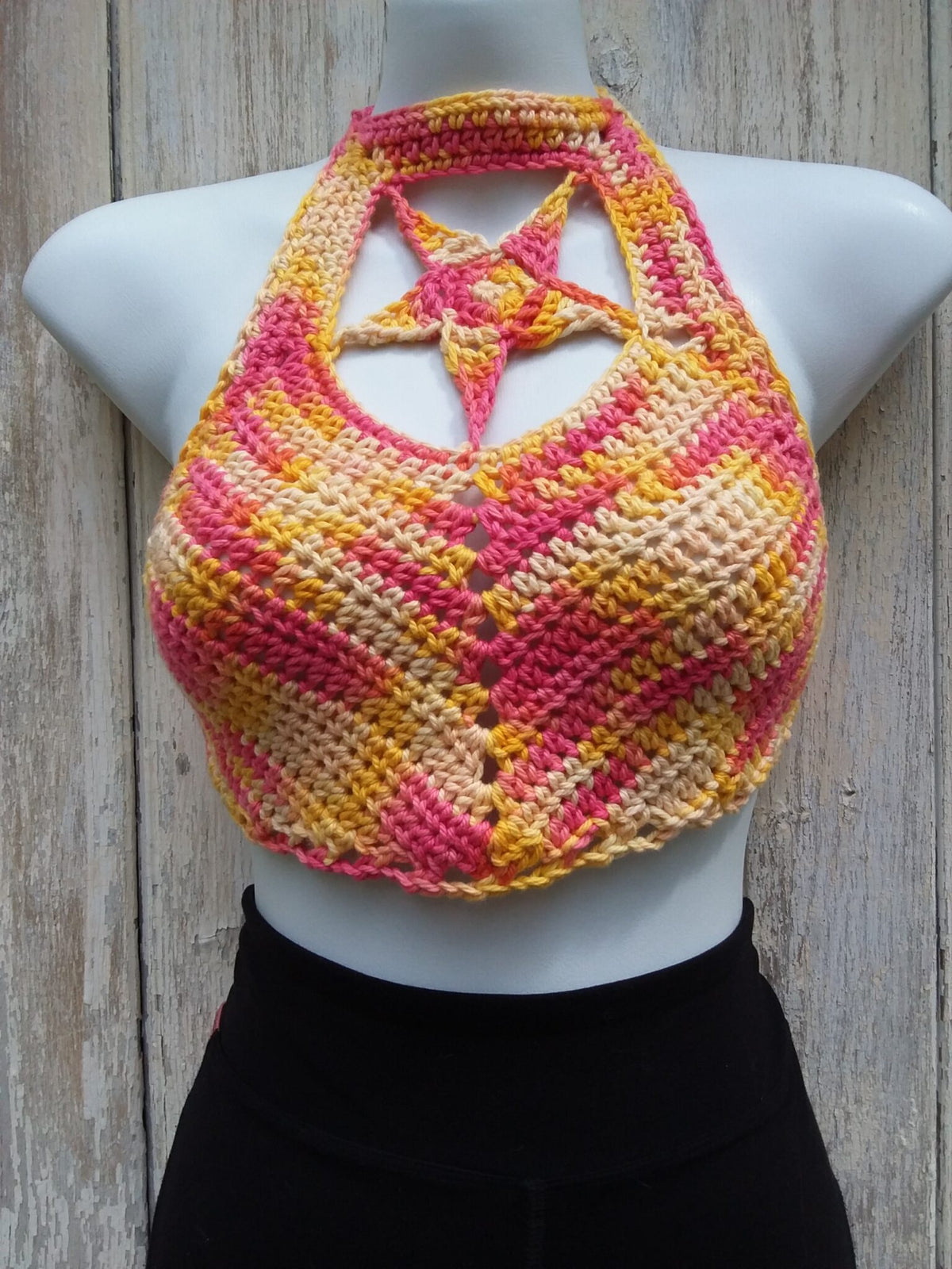 Crochet crop top halter shooting star design, yellow and pink