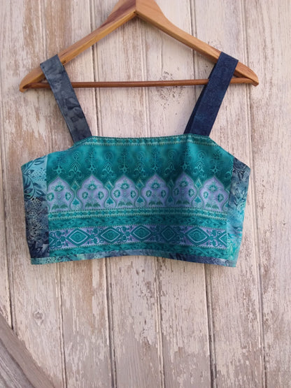 Unique teal and charcoal Indian print crop top made from repurposed textiles