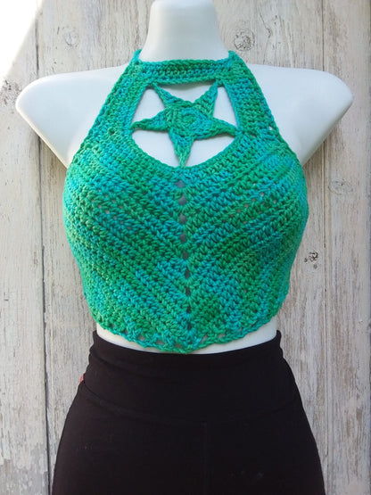 Crochet crop top halter with star design in hand dyed organic cotton yarn of shades of green and blue