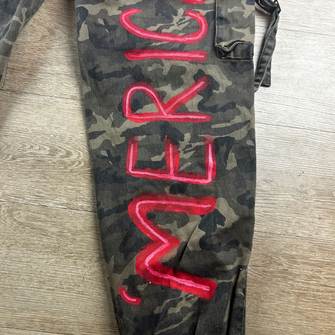 Custom Camo Cargo Pants – Hand-Painted & Patchwork