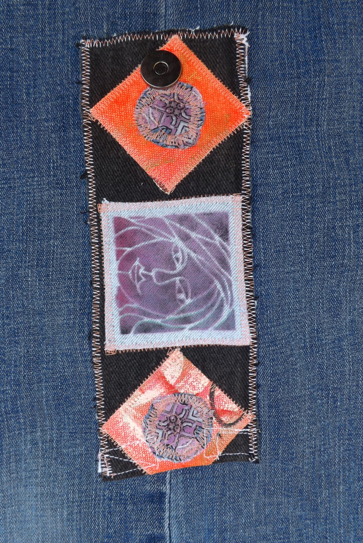 Lady Face Scrappy Black Denim Cuff Bracelet
