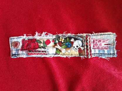 Scrappy denim cuff bracelet with skull bead