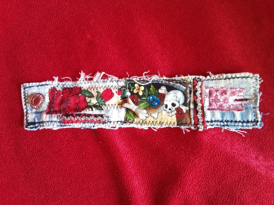 Scrappy denim cuff bracelet with skull bead