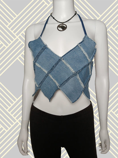 Repurposed denim festival halter with raw edges and long ties