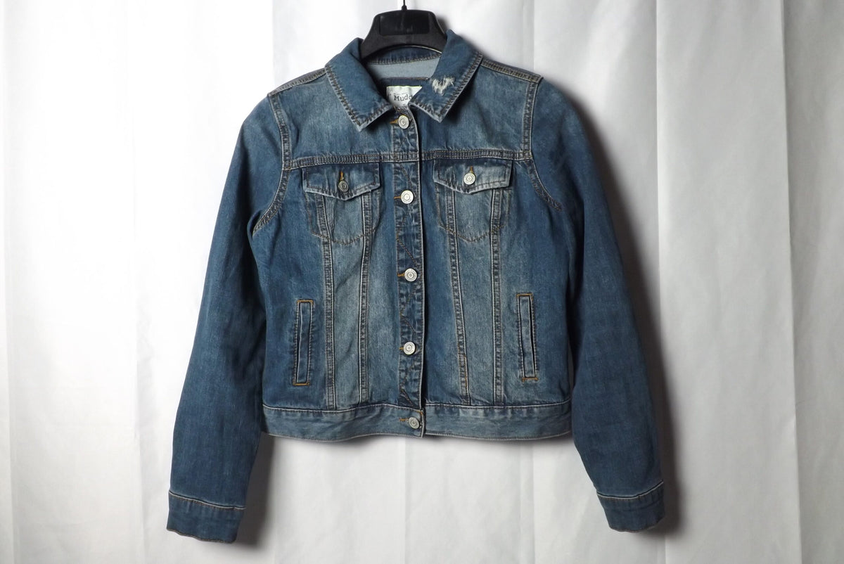 Upcycled denim jacket with distressed details