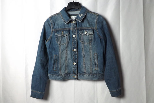 Upcycled denim jacket with distressed details