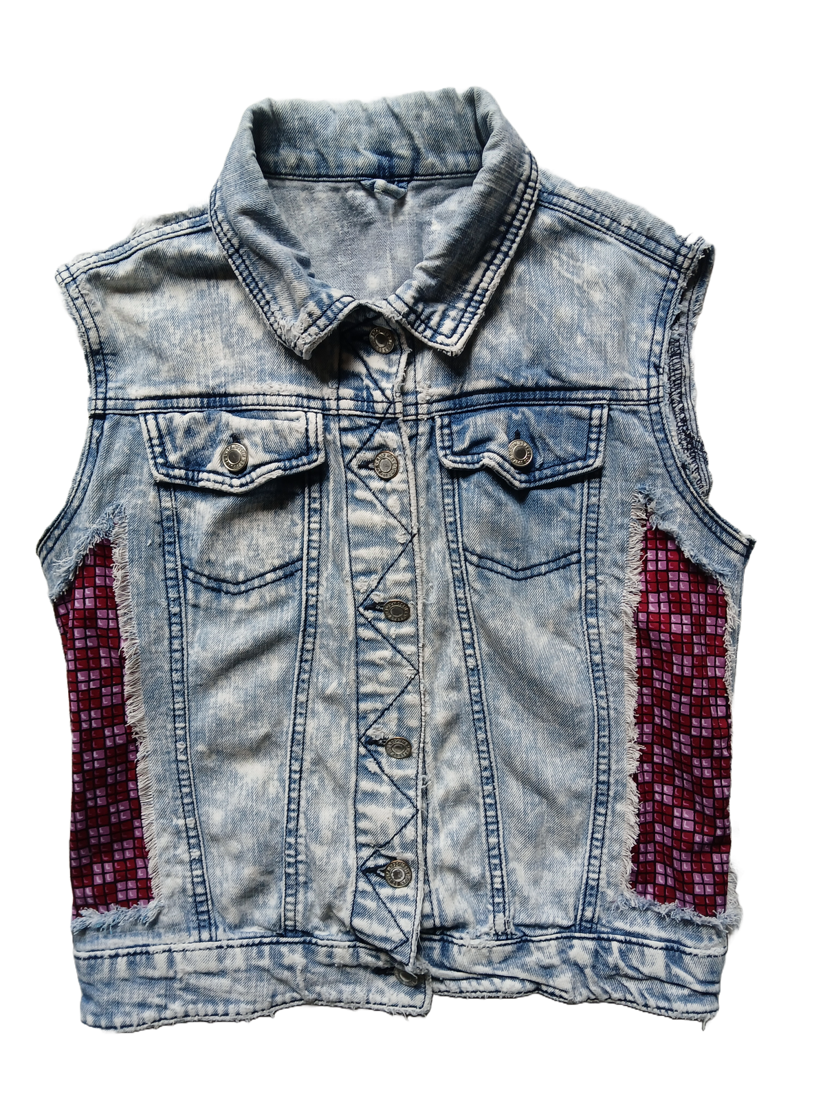 Bleached & Frayed Denim Red Art Deco Vest Top