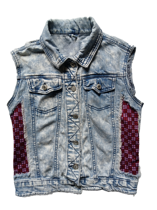 Bleached & Frayed Denim Red Art Deco Vest Top