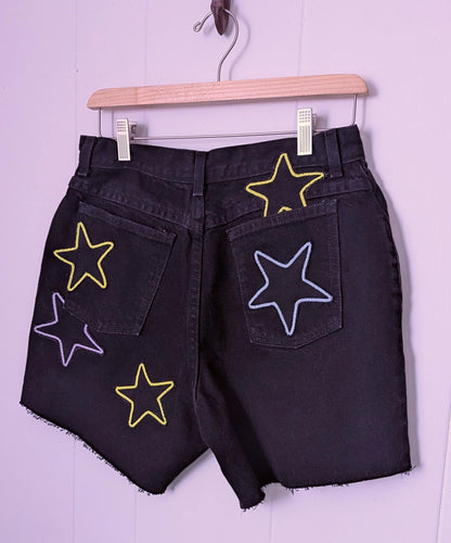 Black Denim Patchwork Star Shorts