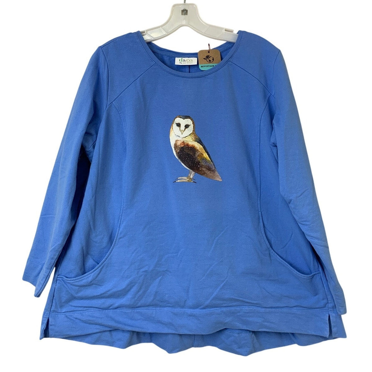 Upcycled Hand Printed Womens 1X Woodland Owl Bird Long Sleeve Sweatshirt Pockets