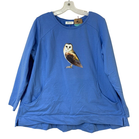 Upcycled Hand Printed Womens 1X Woodland Owl Bird Long Sleeve Sweatshirt Pockets