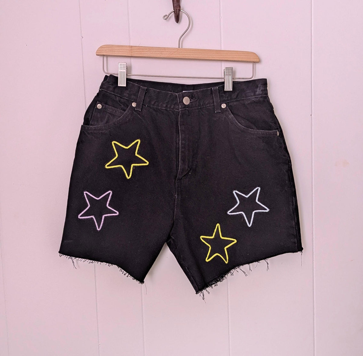 Black Denim Patchwork Star Shorts