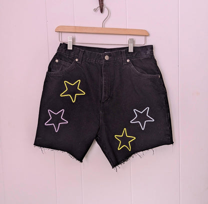 Black Denim Patchwork Star Shorts