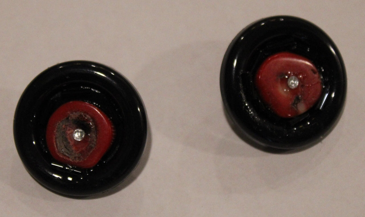 black round clip earrings with red coral bead and rhinestone
