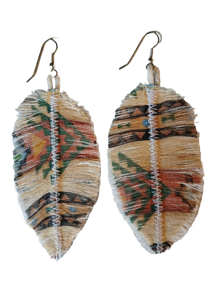 Southwest style boho denim feather earrings with silver plate hooks