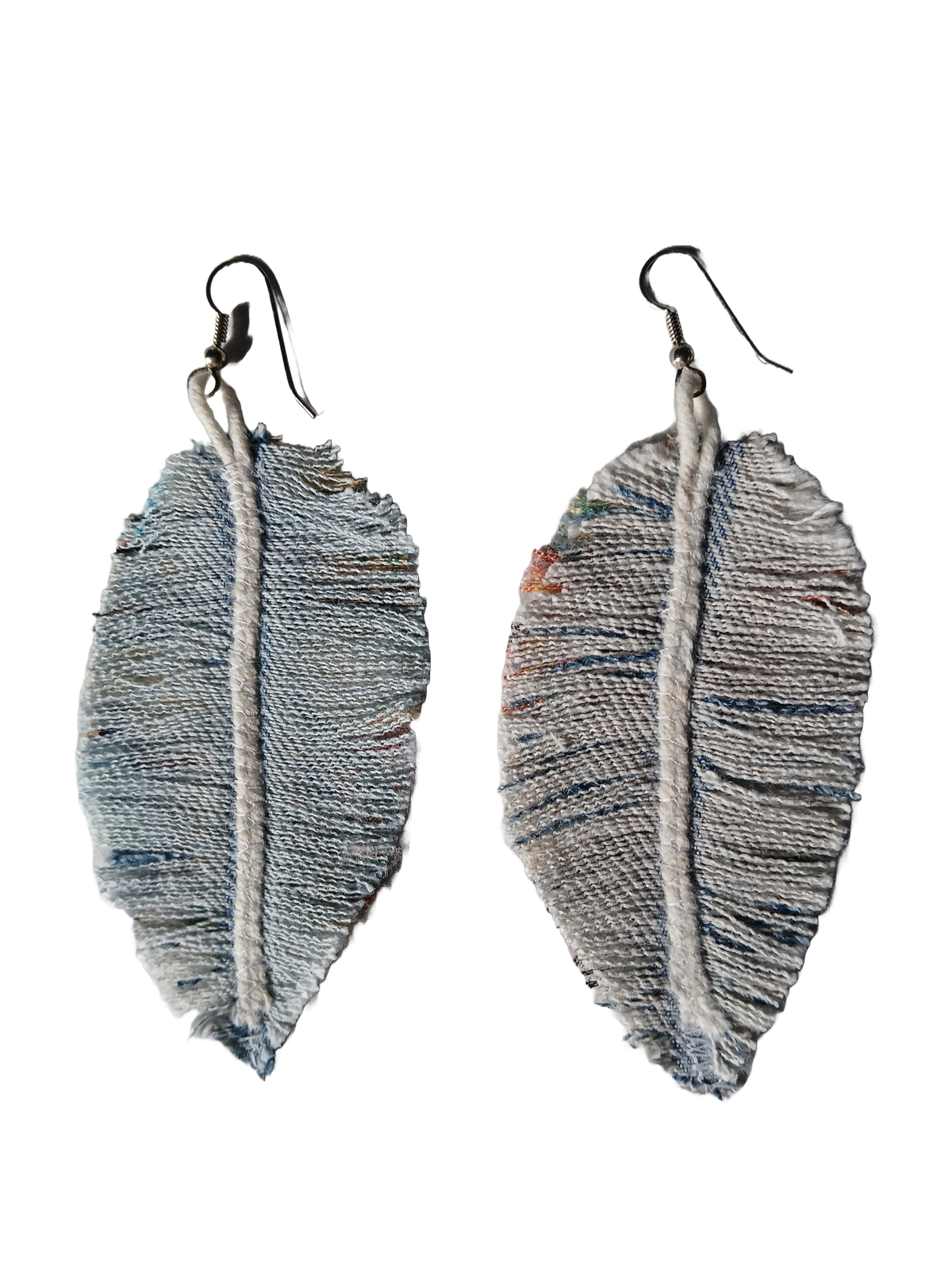 Unique denim feather earrings made from recycled textile