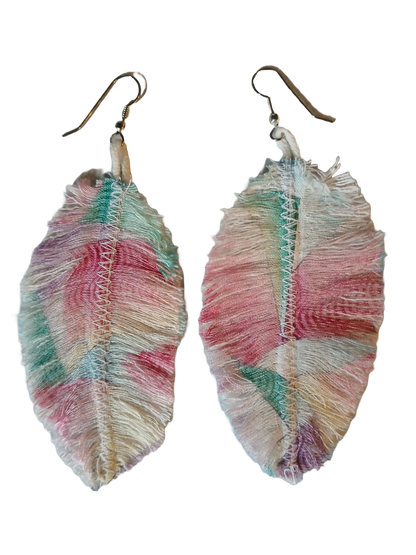 Handmade denim feather earrings with multicolored design