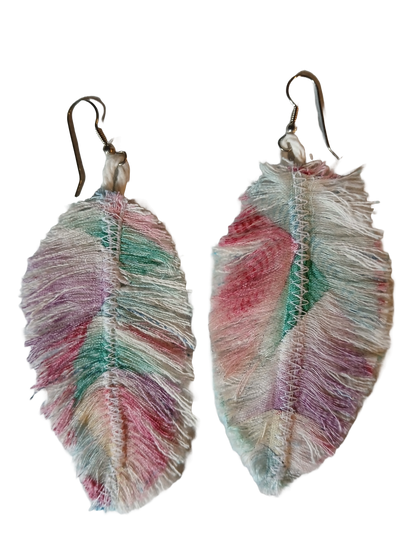 Unique multicolored denim feather earrings made by an artist.