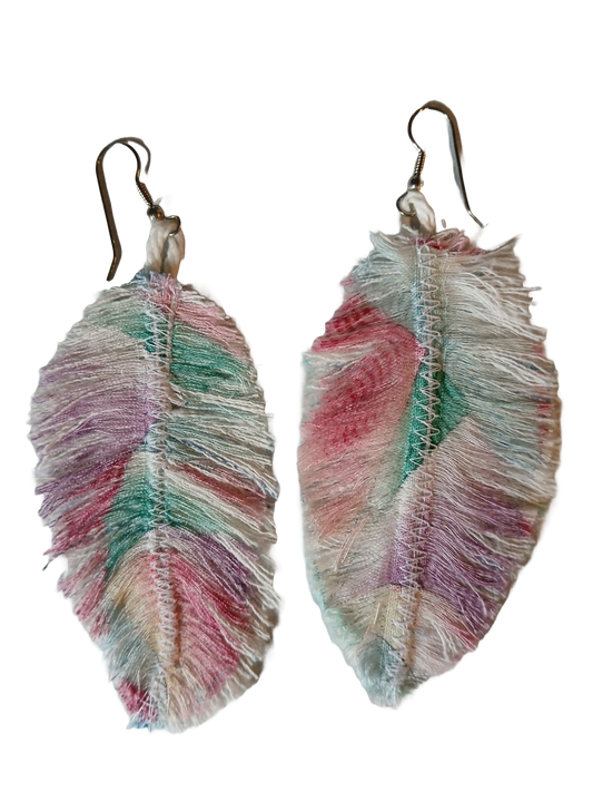 Unique multicolored denim feather earrings made by an artist.