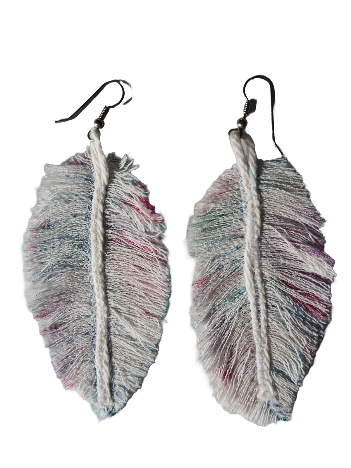 Feather earrings made from denim with silver hooks
