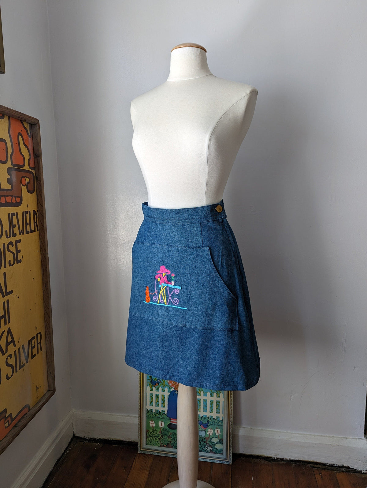 Reworked Upcyced Embroidered Denim Kangaroo Pocket Skirt