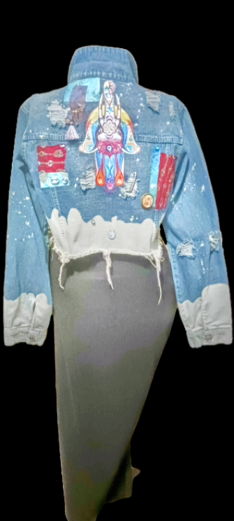 A denim jacket with patches on it.